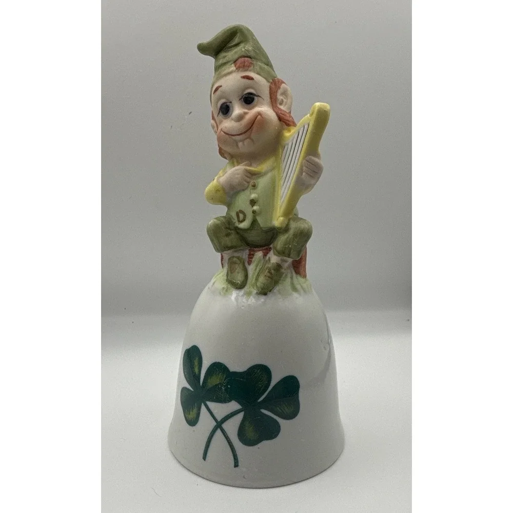 Ceramic Irish Shamrock Bell w/ Leprechaun Harp Figurine Top, Hand Painted 5in